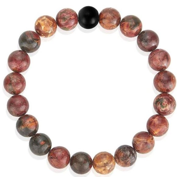 10mm Men’s Women’s Polished Picasso Jasper Matte Onyx Beaded Stretch Bracelet - Picture 2 of 8